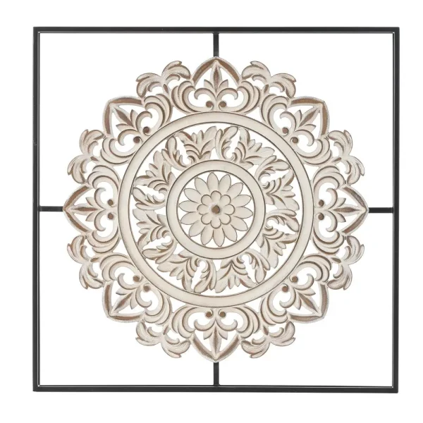 Distressed White Wood Flower Iron Square Wall Decor