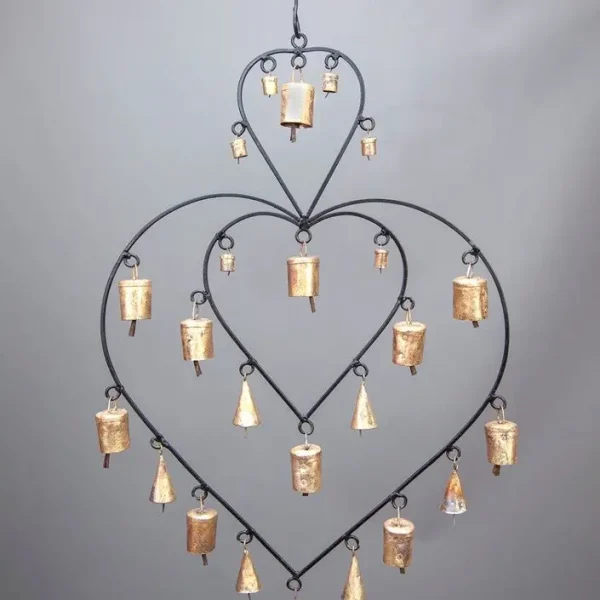 Double Heart Chime hanging brass bells for wall decor